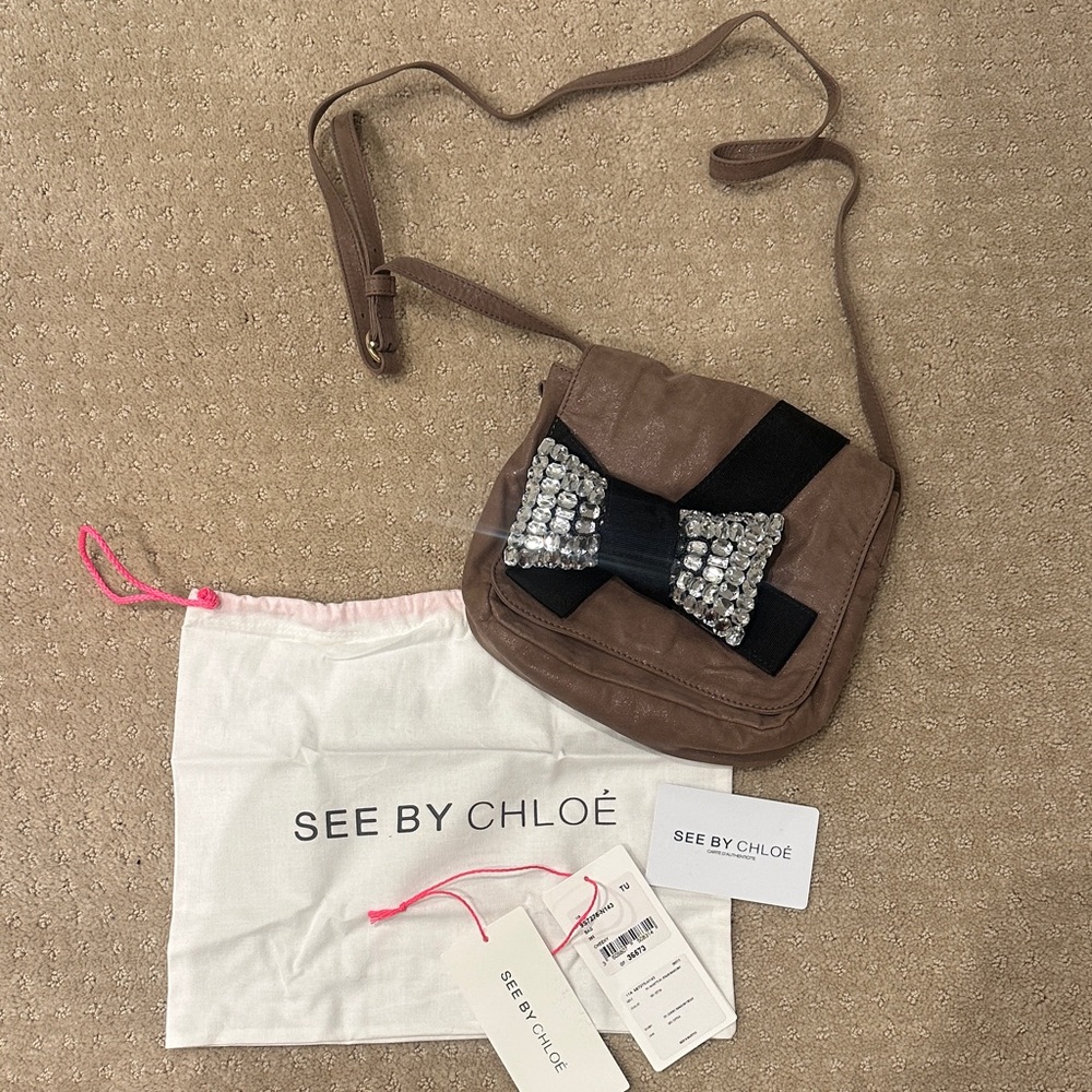 See By Chloe Metallic Leather Crossbody Bag with Black and Rhinestone Bow